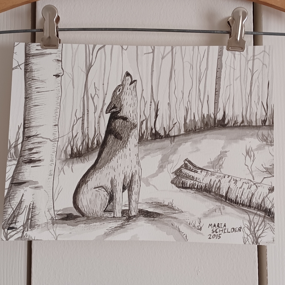ORIGINAL ART Wolf Howling Ink Painting Black And White Wall Art, Home Decor